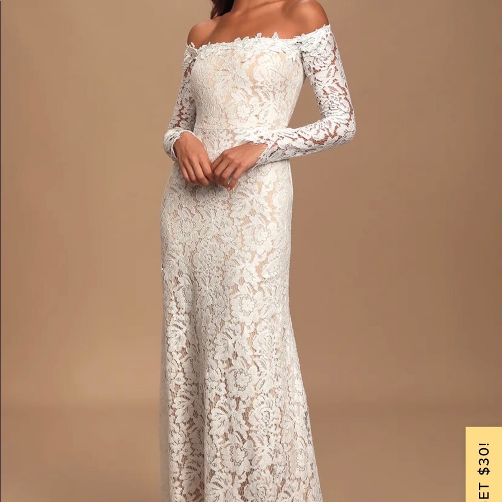 Lulus lace off the shoulder wedding dress